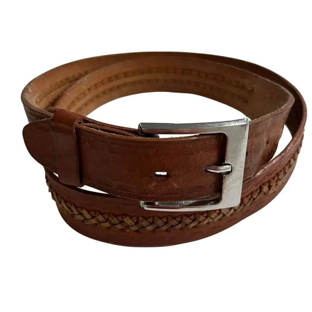 Cindilo Mens Tooled Leather Belt Size 42 Brown Braided Western Made in Mexico